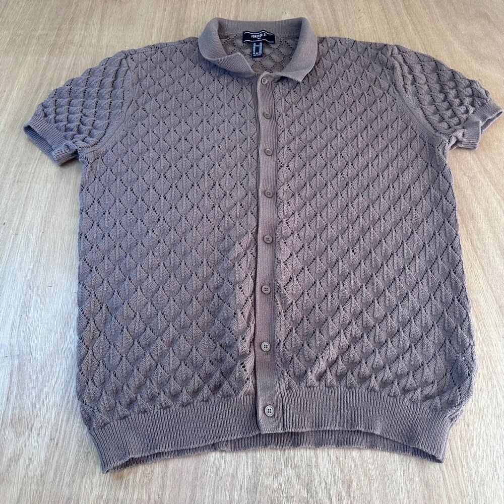 Forever 21 Men's Taupe 100% Cotton Knit Button Front Short Sleeve Sweater XXL